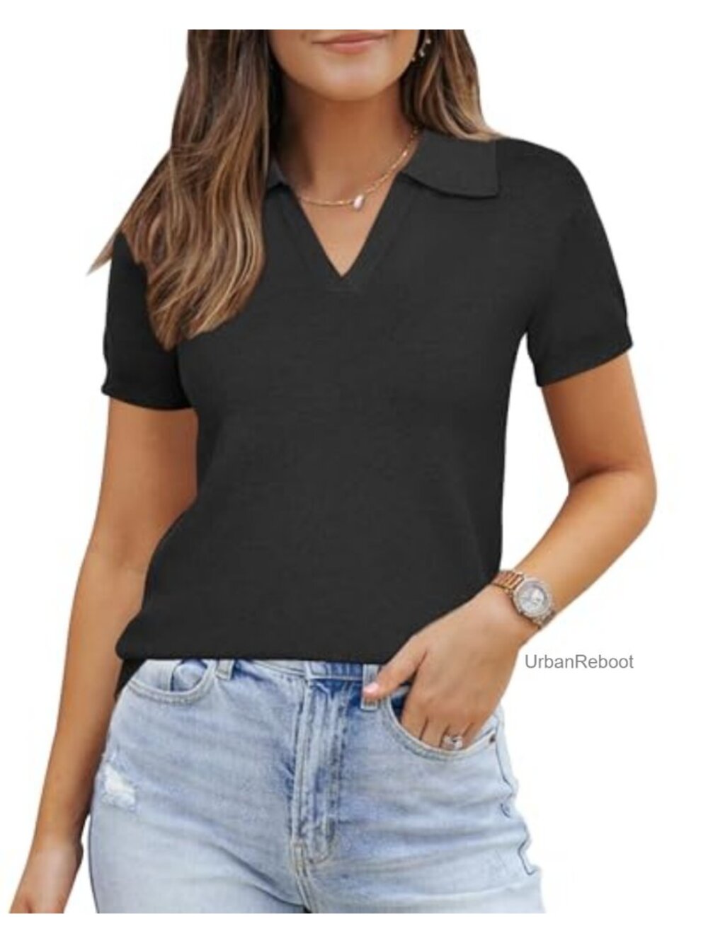 Wool Blend Polo Sweater Short Sleeve V-Neck Business Casual Pullover